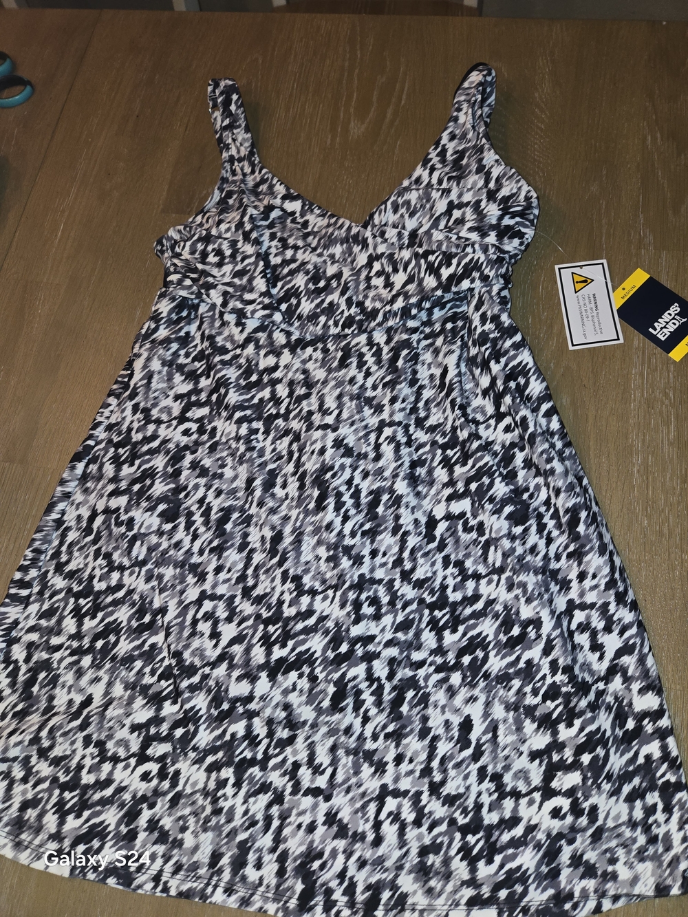 Lands' End Black and White Patterned Swim Dress Womens M New